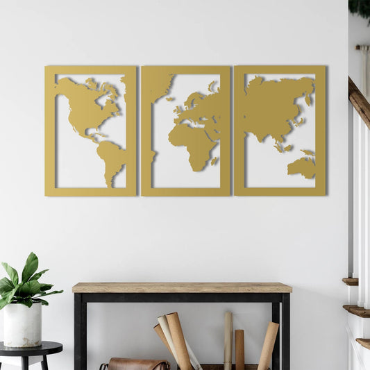 Continents in Harmony | 3-Piece World Map Metal Wall Panel Set