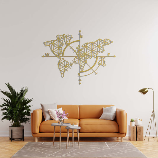 Geometric Compass World Map Metal Wall Decor | Modern Travel-Inspired Art