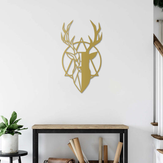 Handcrafted decorative sculpture featuring black geometric deer decor
