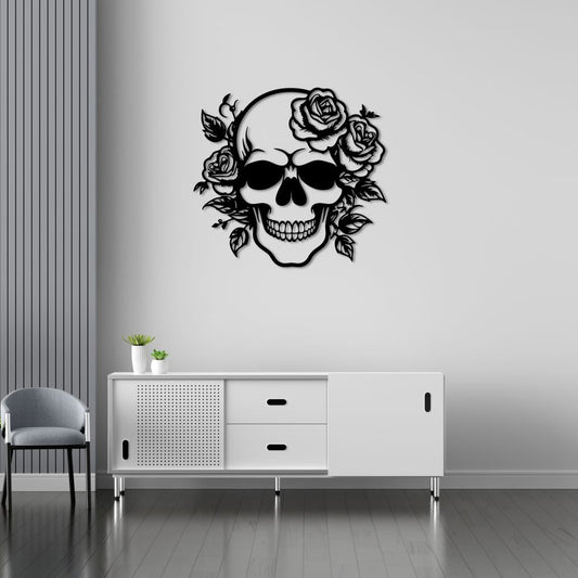 Bloom in Darkness | Floral Skull Metal Wall Sculpture