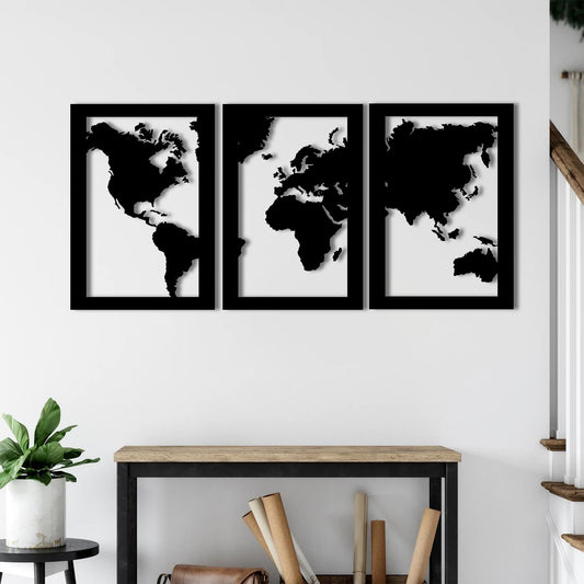 Continents in Harmony | 3-Piece World Map Metal Wall Panel Set